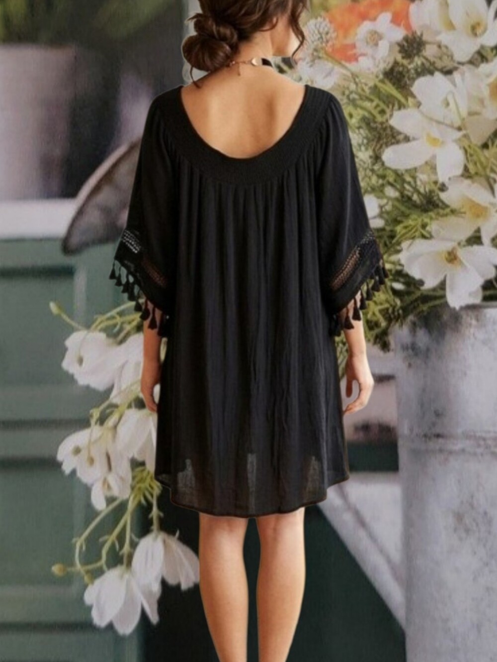 Xhilaration Women's Black Flowy Swim Cover-Up Dress w Tassel Size 1X